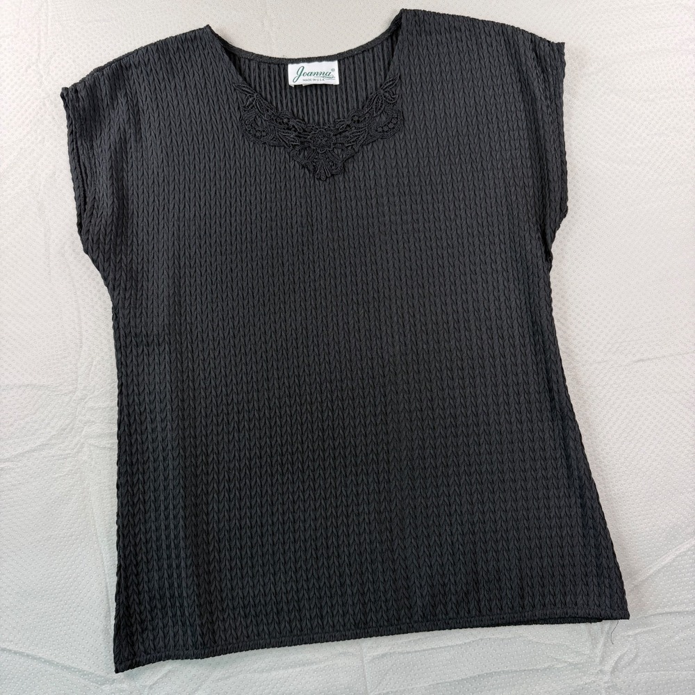 Joanna Womens Small Black Short Sleeve Lace V-Neck Textured Top USA Made VTG